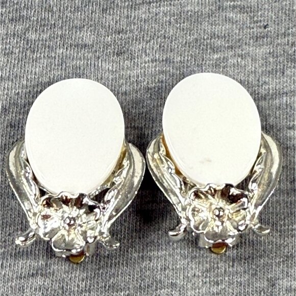 Vintage Silver-Tone Clip-On Earrings With Floral Design & White Oval Accents - Picture 1 of 16